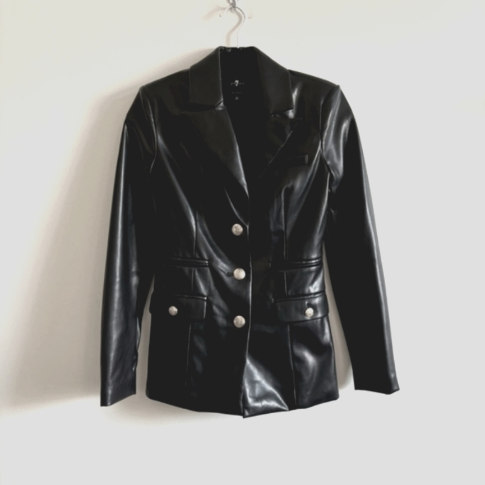 7 FOR ALL MANKIND I XS Faux Leather Blazer Jacket I black with gold buttons